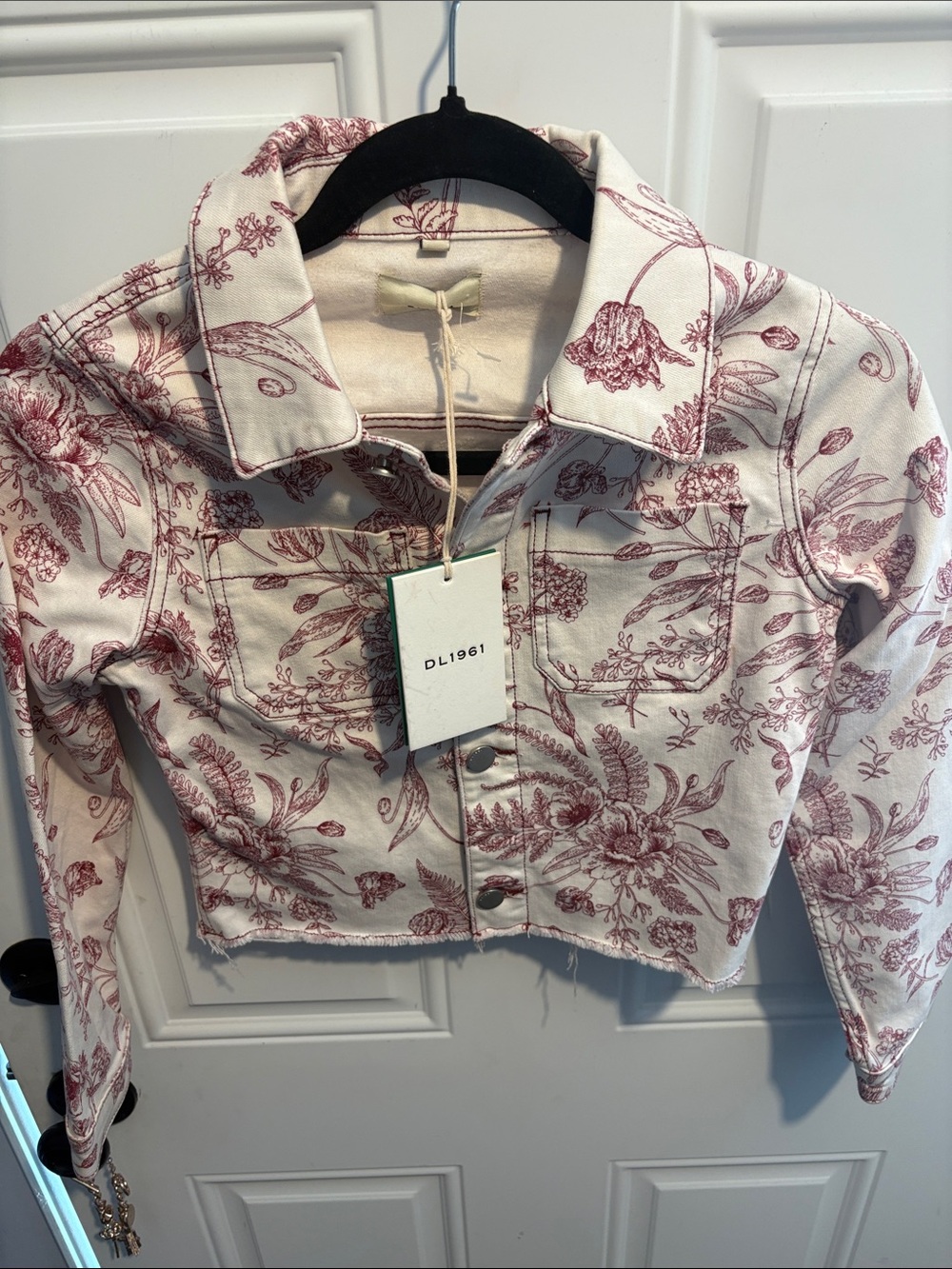 DL1961 Girls Cream Jean Jacket with Red Floral Print